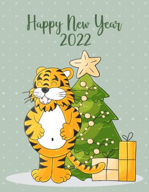 2022 'nin sembolü. Mavi Yeni Yıl kartı el çizimi tarzında. Noel ağacı, hediyeler, kaplan. Yeni yıl 2022. Kartpostallar, takvimler, posterler için Pastel çizimi