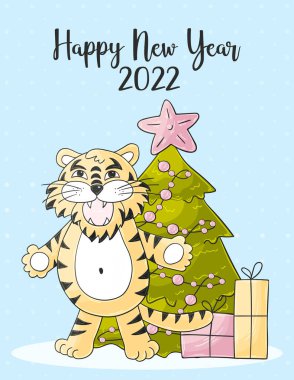 2022 'nin sembolü. Mavi Yeni Yıl kartı el çizimi tarzında. Noel ağacı, kaplan. Yeni yıl 2022. Kartpostallar, takvimler, posterler, el ilanları için pastel çizimi