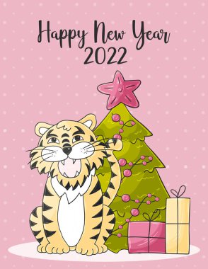 2022 'nin sembolü. Mavi Yeni Yıl kartı el çizimi tarzında. Noel ağacı, hediyeler, kaplan. Yeni yıl 2022. Kartpostallar ve takvimler için Pastel illüstrasyon