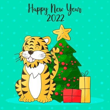 2022 'nin sembolü. Mavi kare yeni yıl kartı el çizimi tarzında. Noel ağacı, hediyeler, kaplan. 2022 yılı kaplanı. Kartlar ve takvimler için parlak illüstrasyon
