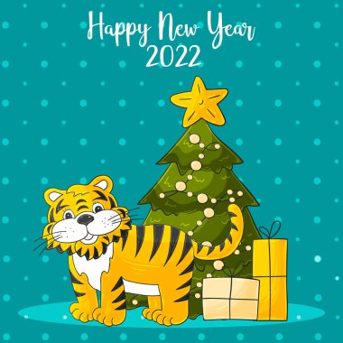 2022 'nin sembolü. Mavi kare yeni yıl kartı el çizimi tarzında. Noel ağacı, kaplan. 2022 yılı kaplanı. Kartlar, takvimler, posterler için parlak illüstrasyon