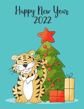 2022 'nin sembolü. Parlak yeni yıl kartı el çizimi tarzında. Noel ağacı, hediyeler, kaplan. Yeni yıl 2022