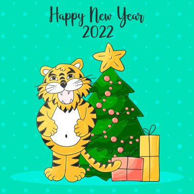 2022 'nin sembolü. Mavi kare yeni yıl kartı el çizimi tarzında. Noel ağacı, kaplan. 2022 yılı kaplanı. Kartlar ve takvimler için parlak illüstrasyon