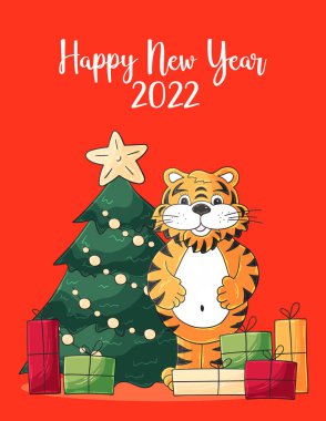 2022 'nin sembolü. Noel ağacı, hediyeler, kaplan. Yeni yıl 2022. Yeni yıl kartı el çizimi tarzında. Parlak resimleme
