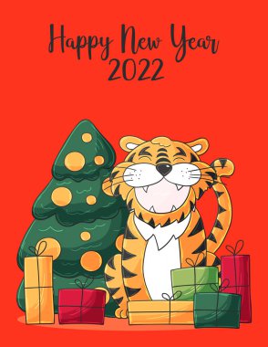 2022 'nin sembolü. Noel ağacı, hediyeler, kaplan. Yeni yıl 2022. Yeni yıl kartı el çizimi tarzında. Kartpostallar ve takvimler için parlak illüstrasyon