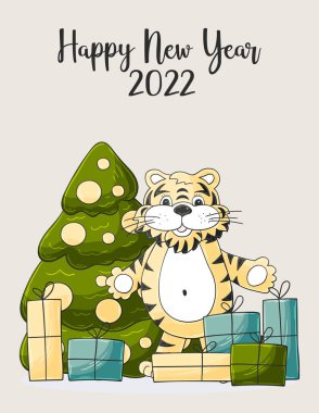 2022 'nin sembolü. Noel ağacı, hediyeler, kaplan. Yeni yıl 2022. Yeni yıl kartı el çizimi tarzında. Kartpostallar, takvimler, posterler, el ilanları için çizgi film çizimleri
