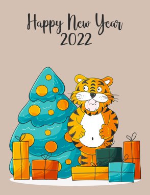 2022 'nin sembolü. Noel ağacı, hediyeler, kaplan. Yeni yıl 2022. Yeni yıl kartı el çizimi tarzında. Kartpostallar, takvimler, posterler için Pastel çizimi
