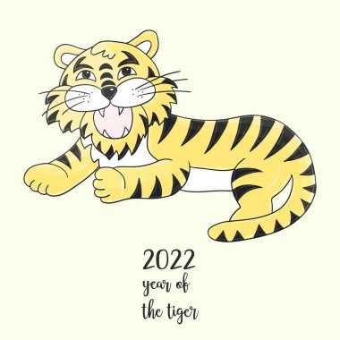 2022 'nin sembolü. Elinde kaplan resmi olan bir resim. Yeni yıl 2022 Tiger yalan söylüyor. Kartlar, takvimler, posterler, el ilanları için parlak bir hayvan.
