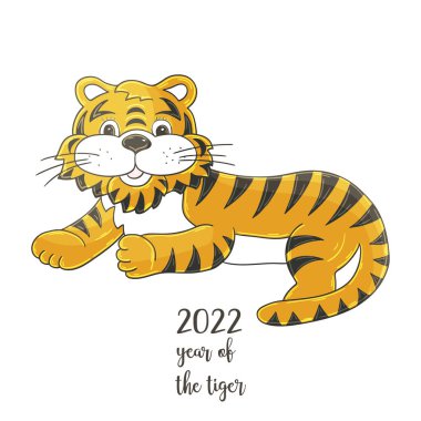 2022 'nin sembolü. Elinde kaplan resmi olan bir resim. Yeni yıl 2022 Tiger yalan söylüyor. Takvimler, posterler için hamur işi hayvan