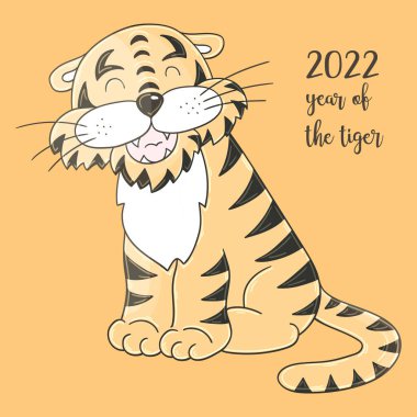 2022 'nin sembolü. Elinde kaplan resmi olan bir resim. Yeni yıl 2022. Kaplan oturuyor. Takvimler, posterler için hamur işi hayvan