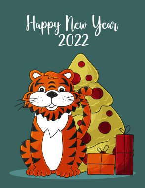 2022 'nin sembolü. Yeni yıl kartı el çizimi tarzında. Noel ağacı, hediyeler, kaplan. Yeni yıl 2022. Kartpostallar, takvimler, posterler, el ilanları için parlak çizimler