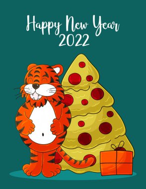 2022 'nin sembolü. Yeni yıl kartı el çizimi tarzında. Noel ağacı, hediyeler, kaplan. Yeni yıl 2022. Kartpostallar ve takvimler için parlak illüstrasyon