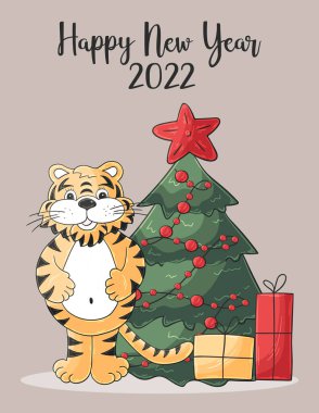 2022 'nin sembolü. Yeni yıl kartı el çizimi tarzında. Noel ağacı, hediyeler, kaplan. Yeni yıl 2022. Kartpostallar için Pastel çizimi