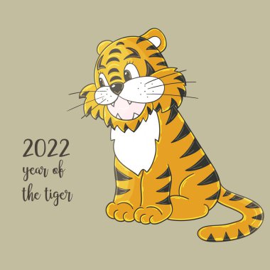 2022 'nin sembolü. Pastel Illustration, elinde kaplan, elinde çizim stili. Yeni yıl 2022. Kaplan oturuyor. Kartlar, takvimler, posterler için çizgi film hayvanı