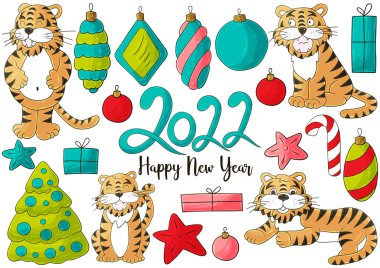 2022 'nin sembolü. Kaplanlar ve yeni yıl unsurları el çizimi tarzında. Parlak illüstrasyonların koleksiyonu