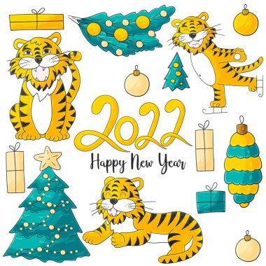 2022 'nin sembolü. Kaplanlar ve yeni yıl unsurları el çizimi tarzında. Tasarımınız için Parlak vektör illüstrasyonlarının koleksiyonu