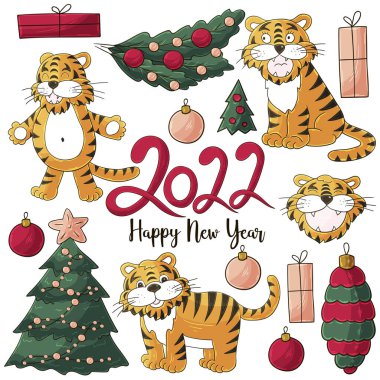 2022 'nin sembolü. Kaplanlar ve yeni yıl unsurları el çizimi tarzında. Parlak vektör çizimlerinin koleksiyonu
