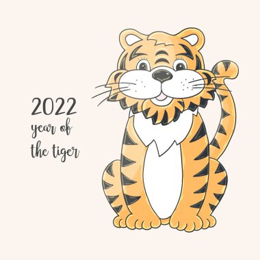 2022 'nin sembolü. Elinde kaplan olan vektör çizimi. Yeni yıl 2022. Kaplan oturuyor. Takvimler, posterler için hamur işi hayvan