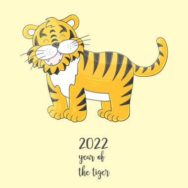 2022 'nin sembolü. Elinde kaplan olan vektör çizimi. Yeni yıl 2022. Kaplan ayakta duruyor. Kağıtlar, takvimler, posterler için pastel hayvan
