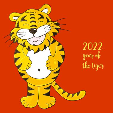 2022 'nin sembolü. Elinde kaplan olan vektör çizimi. Yeni yıl. Neşeli kaplan, ayakta duruyor ve karnına tutunuyor. Kartlar için parlak hayvan