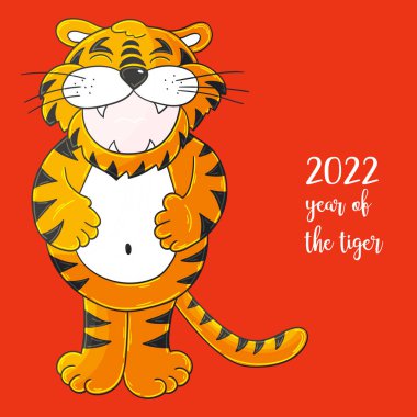 2022 'nin sembolü. Elinde kaplan olan vektör çizimi. Yeni yıl. Neşeli kaplan, ayakta duruyor ve karnına tutunuyor. Parlak hayvan.