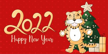 2022 'nin sembolü. Elinde kaplan olan sarı vektör tebrik kartı. Yeni yıl. Mektup 2022. Kartlar, takvimler, posterler için parlak illüstrasyon