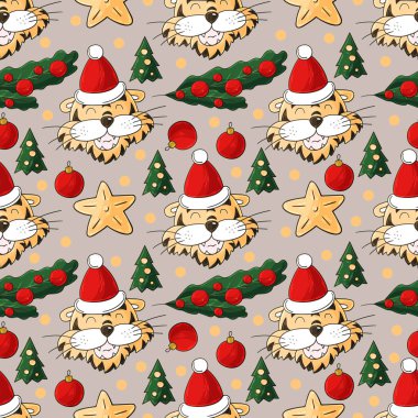 2022 yılı kaplanı. Kusursuz pastel desenli Noel şapkalı kaplan başları, Noel ağaçları. Kumaş, ambalaj, ambalaj vs. için kullanılabilir