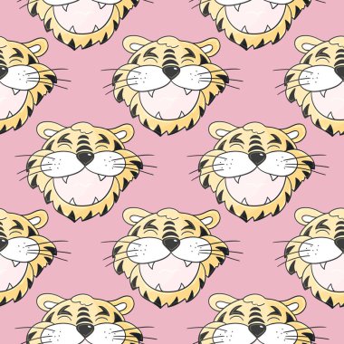 Kaplan Yılı. Kaplanların yüzleri olan kusursuz pastel desenli. Şablon. 2022 yılbaşı tatili. Kumaş, ambalaj, ambalaj vs. için kullanılabilir