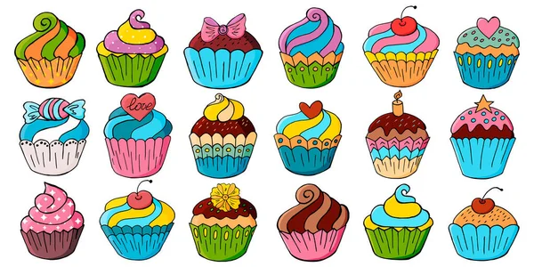 Conjunto Grande Ícones Cupcakes Muffins Estilo Desenho Mão Coleção Ilustrações —  Vetores de Stock