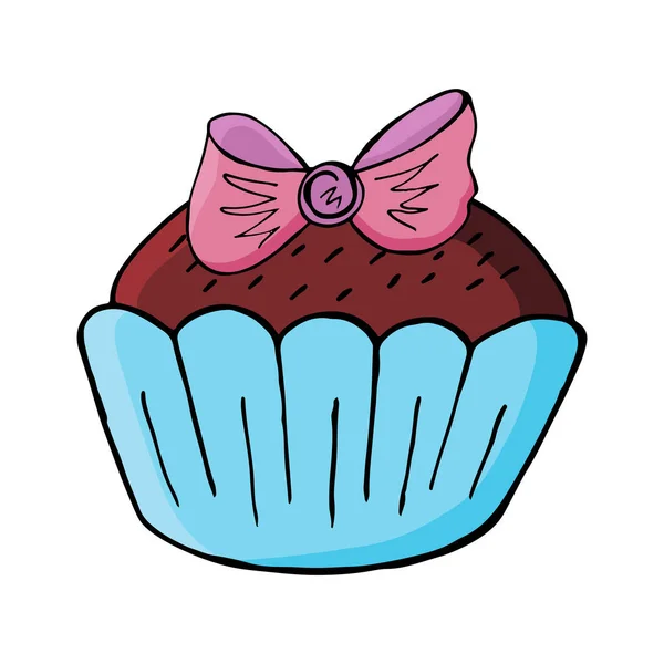 Ícone Bolo Com Arco Muffin Mão Desenhar Estilo Ilustração Vetorial — Vetor de Stock