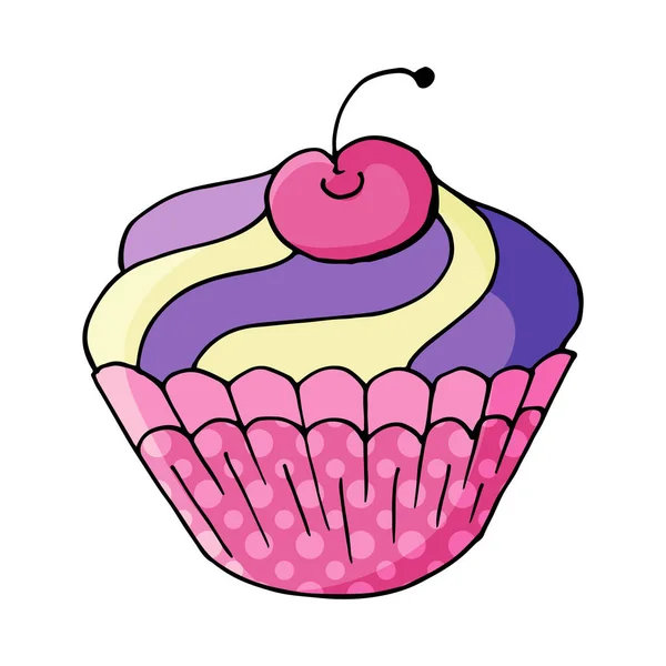 Icona Cupcake Con Ciliegia Muffin Mano Disegnare Stile Illustrazione Vettoriale — Vettoriale Stock