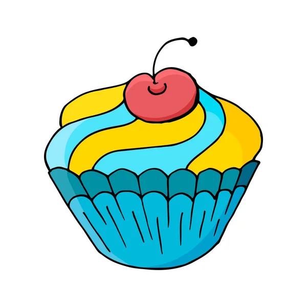 Icona Cupcake Con Ciliegia Muffin Mano Disegnare Stile Illustrazione Vettoriale — Vettoriale Stock