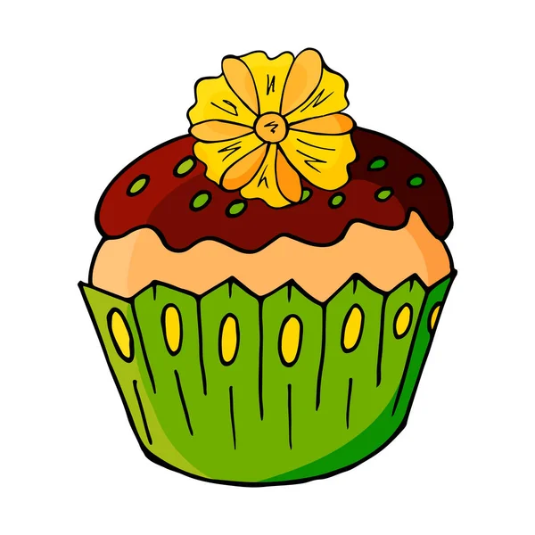 Icona Cupcake Con Fiore Muffin Mano Disegnare Stile Illustrazione Vettoriale — Vettoriale Stock