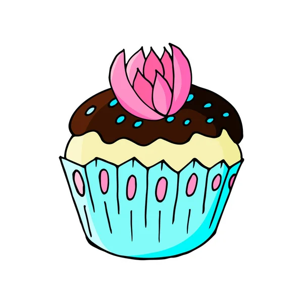Icona Cupcake Con Fiore Muffin Mano Disegnare Stile Illustrazione Vettoriale — Vettoriale Stock