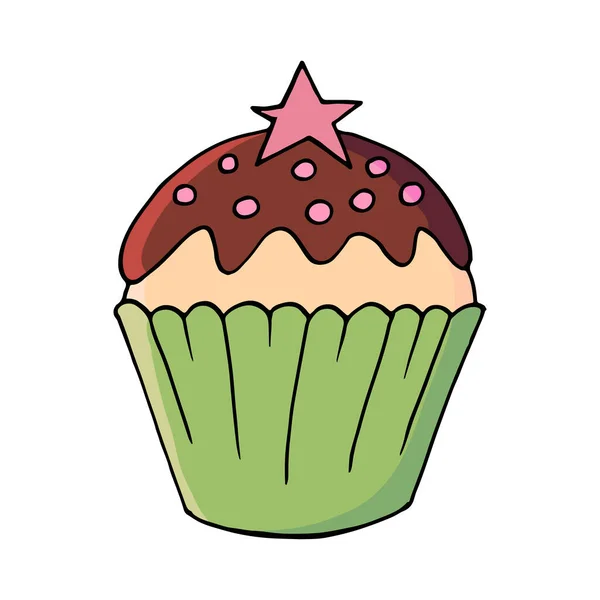 Icona Cupcake Con Stella Muffin Mano Disegnare Stile Illustrazione Vettoriale — Vettoriale Stock