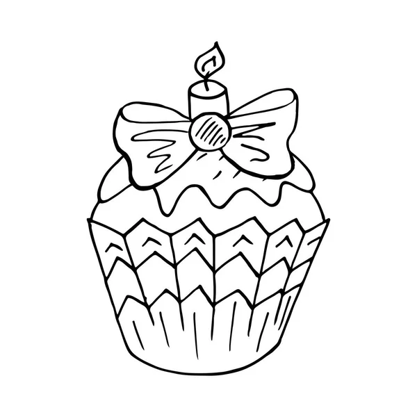 Cupcake Lineární Ikona Svíčkou Muffin Ručním Kreslení Stylu Vektorová Ilustrace — Stockový vektor