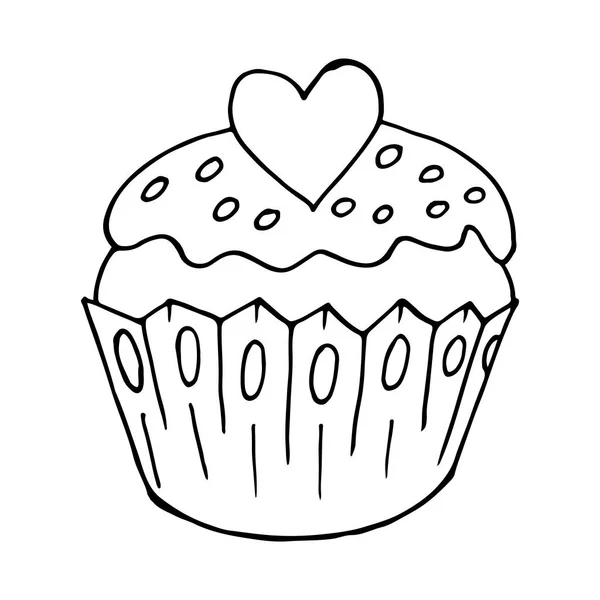 Cupcake Icona Lineare Con Cuore Muffin Mano Disegnare Stile Illustrazione — Vettoriale Stock