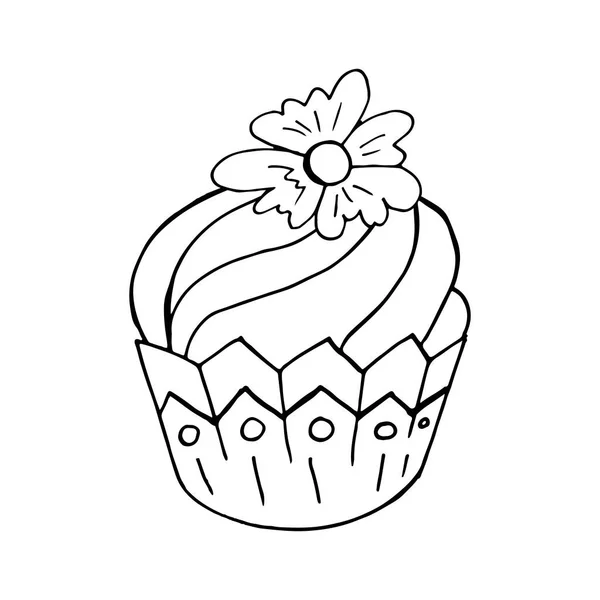 Cupcake Linjär Ikon Med Blomma Muffin Handen Rita Stil Vektorillustration — Stock vektor