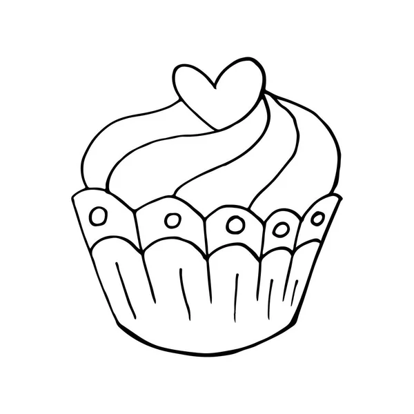 Cupcake Icona Lineare Con Cuore Muffin Mano Disegnare Stile Illustrazione — Vettoriale Stock