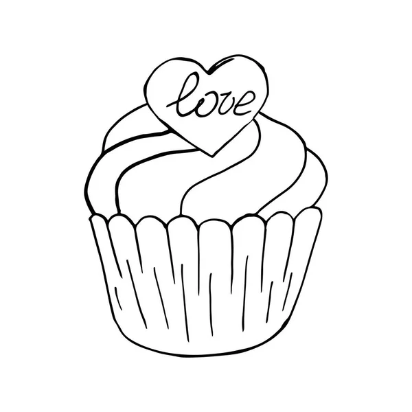 Cupcake Icona Lineare Con Cuore Muffin Mano Disegnare Stile Illustrazione — Vettoriale Stock