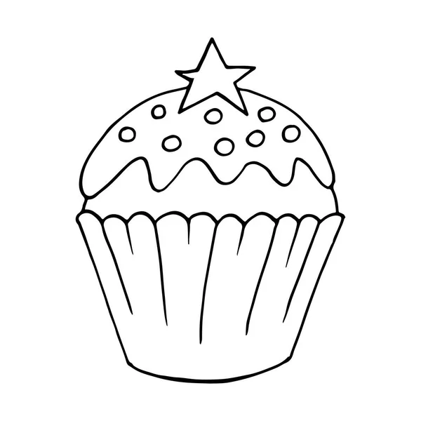 Yıldızlı Kek Doğrusal Ikonu Elinde Kek Çizim Stili Tasarımınız Için — Stok Vektör