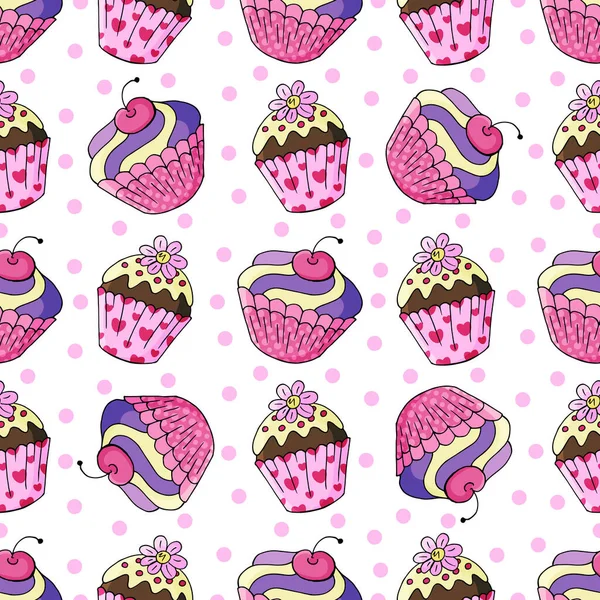 Muffins Giros Cupcakes Padrão Sem Costura Com Doces Doces Ilustração — Vetor de Stock