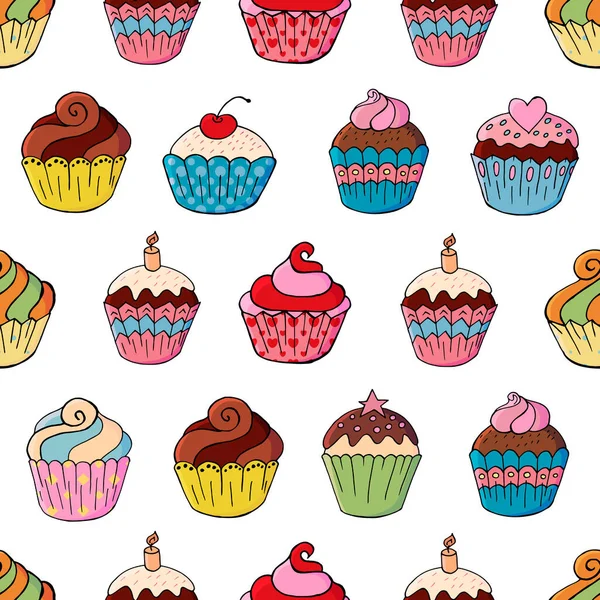 Leuke Muffins Cupcakes Naadloos Patroon Met Zoete Gebak Vector Illustratie — Stockvector