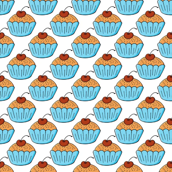 Şirin kekler, kekler. Tatlı hamur işleriyle kusursuz desen. Vektör çizimi. Kumaş, ambalaj, duvar kağıdı dokusu