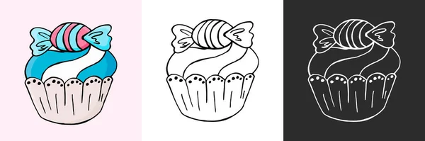 Ikoon Set Cupcake Muffin Pictogrammen Hand Trekken Stijl Zoet Gebak — Stockvector