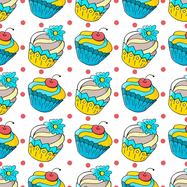 Bezproblémový Vzor Sladkým Pečivem Vektorová Ilustrace Roztomilé Muffiny Třešňové Muffiny — Stockový vektor