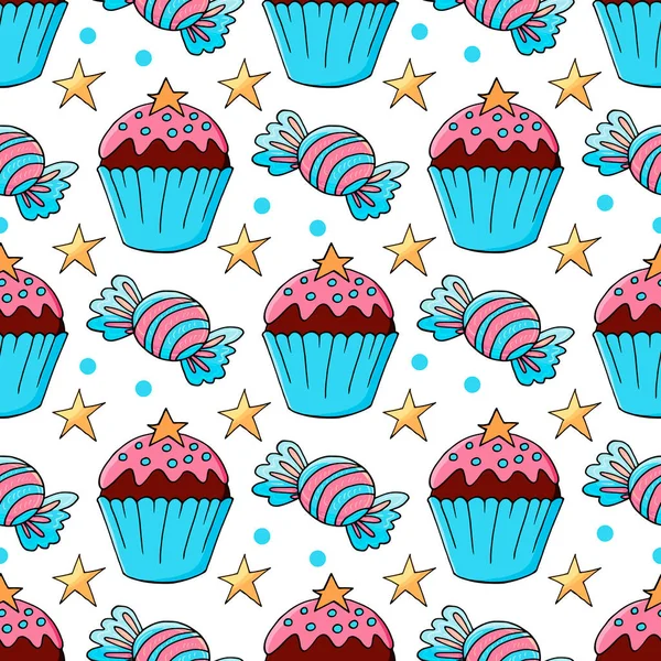 Tatlı hamur işleriyle kusursuz desen. Vektör çizimi. Şirin kekler, kekler. Yıldızlı arka plan. Paketleme ve benzeri şeyler için kullanılabilir.