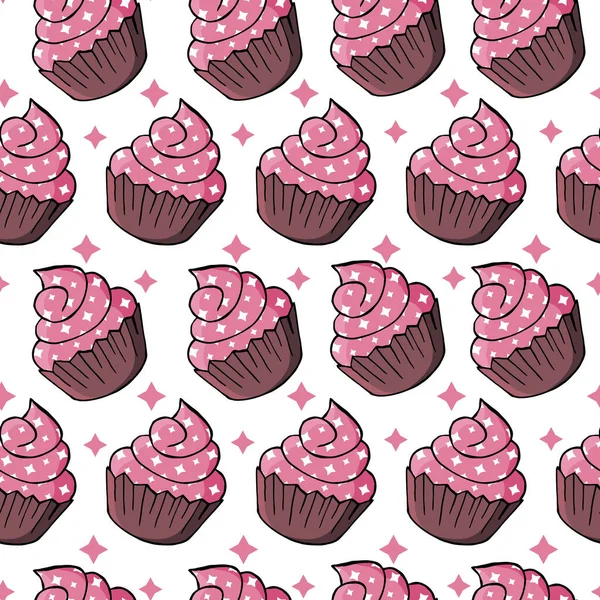 Naadloos Patroon Met Zoete Gebak Vector Illustratie Leuke Muffins Cupcakes — Stockvector