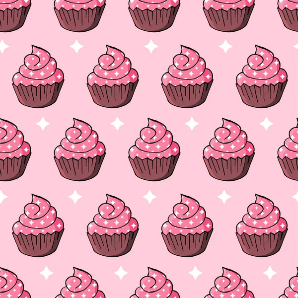 Tatlı hamur işleriyle kusursuz desen. Vektör çizimi. Şirin kekler, kekler. Yıldızlı arka plan. Paketleme, ambalaj kağıdı gibi şeylerde kullanılabilir.