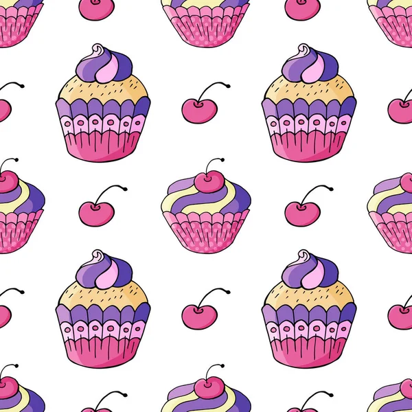 Tatlı hamur işleriyle kusursuz desen. Vektör çizimi. Şirin kekler, kekler. Kiraz. Paketleme, ambalaj kağıdı, tekstil ve benzeri şeylerde kullanılabilir.